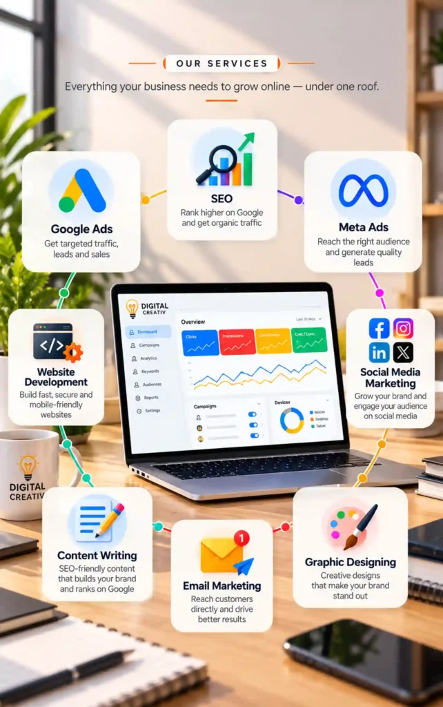Digital Creativ digital marketing services including SEO, Google Ads, Meta Ads, website development, content writing, social media marketing, email marketing and graphic designing