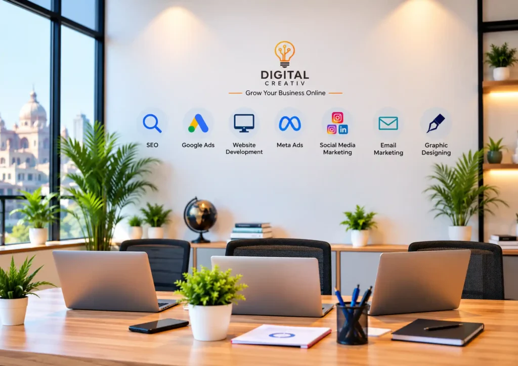 Digital Creativ digital marketing agency office with three laptops and branding